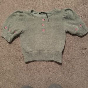NWOT never worn Zara green crop top with pink flowers stitched around sleeve